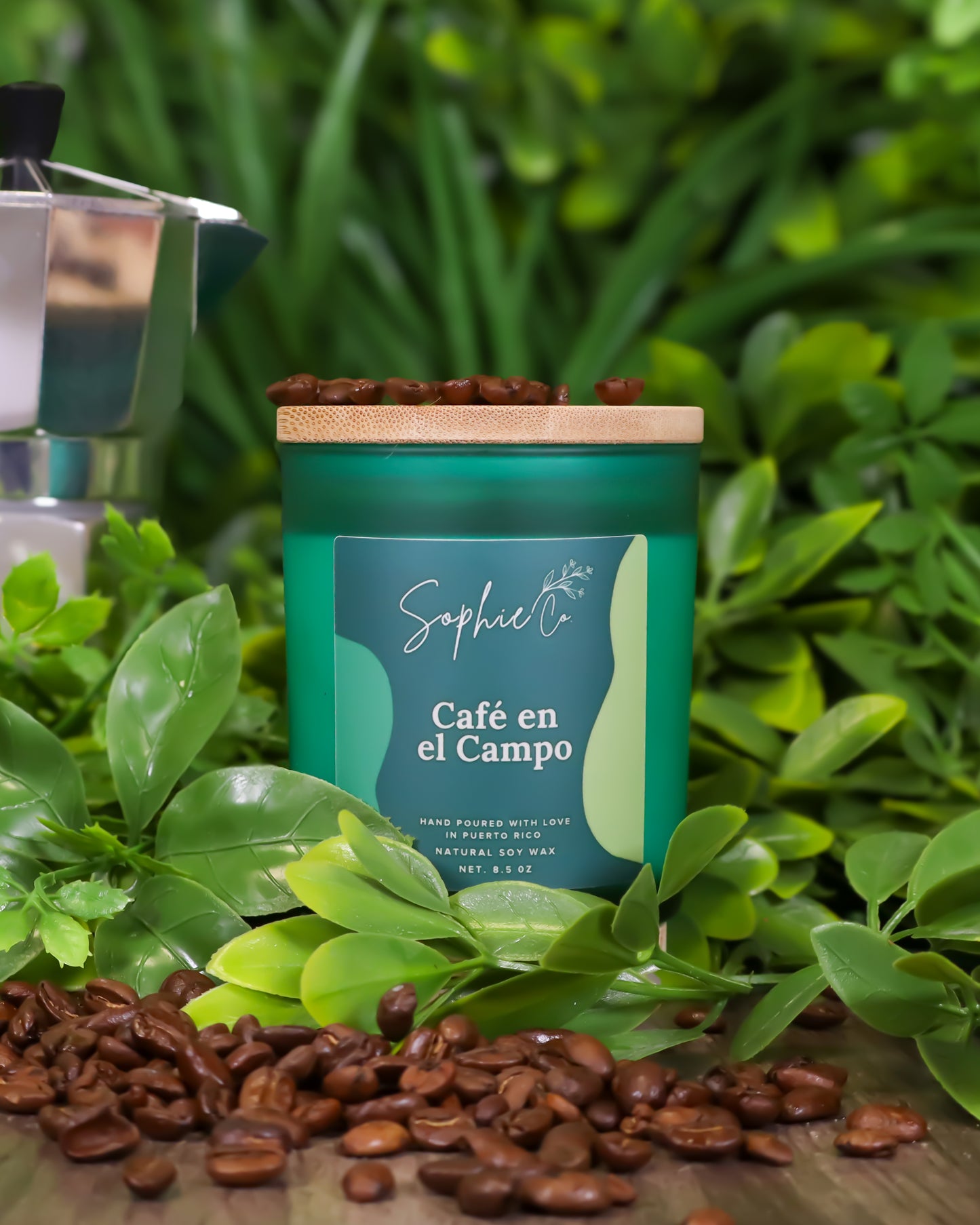 Hand poured soy wax candle labeled 'Café en el Campo' by Sophie Co on a wooden surface with coffee beans and greenery.