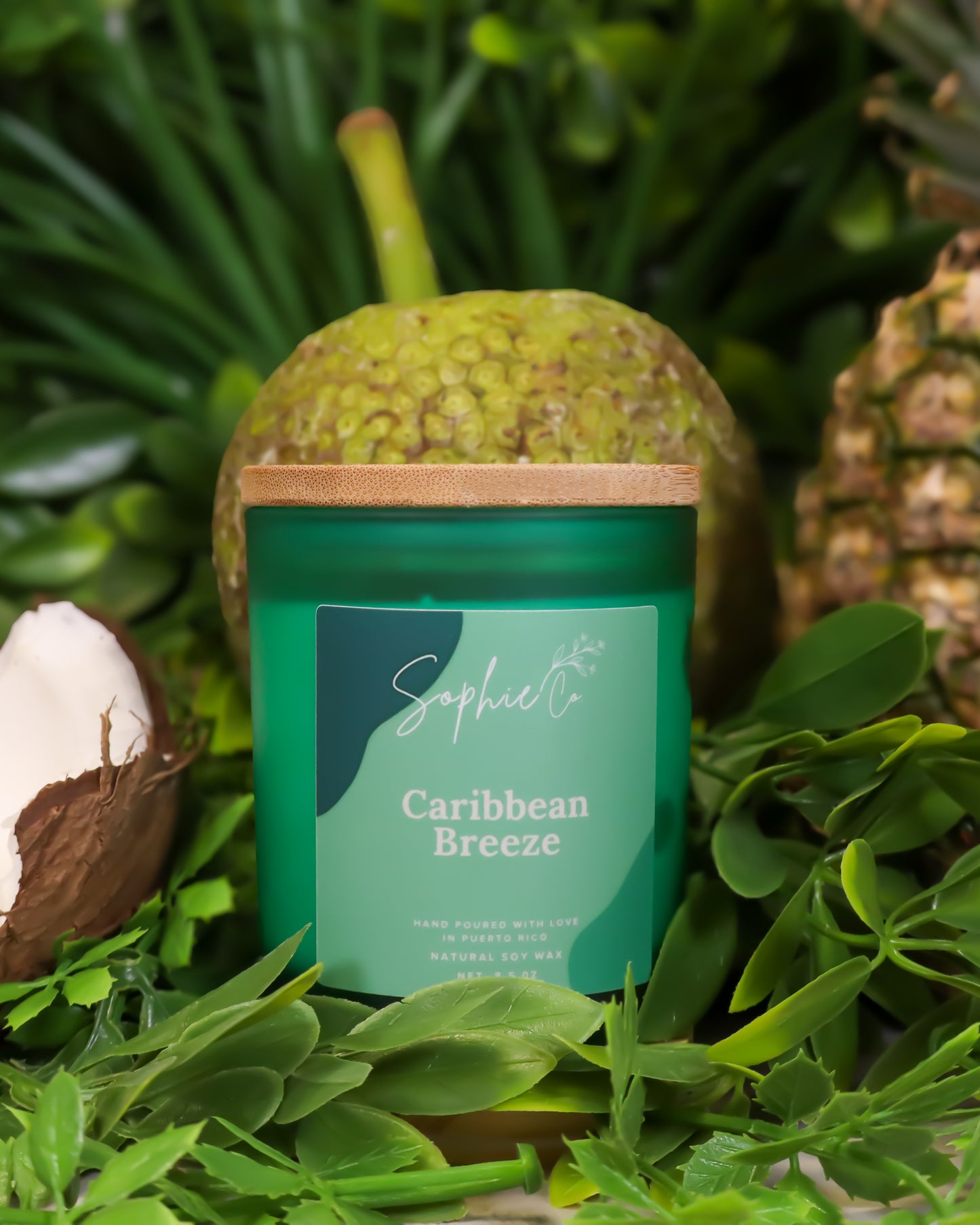 Hand poured soy wax candle labeled 'Caribbean Breeze' by Sophie's on a green leafy background